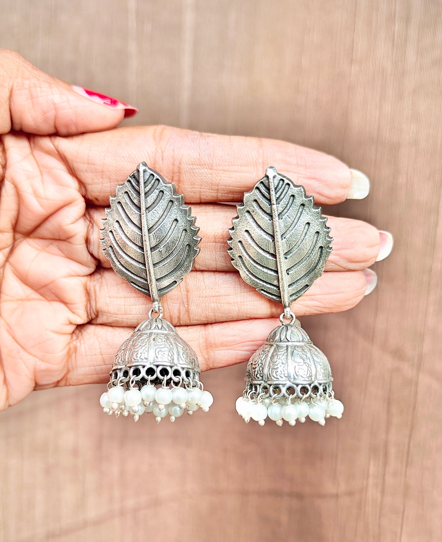 Oxidised Ethnic Jhumka Leaf Design