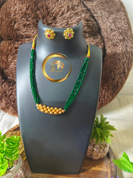 Traditional Tushi Necklace Set with Green Hydro Beads & Gold-Toned Accents GTU04
