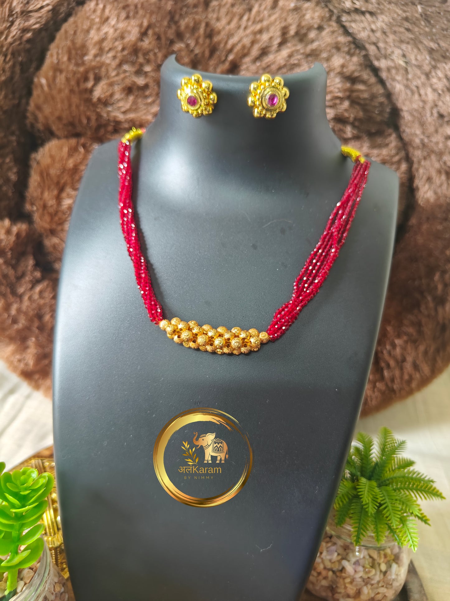 Traditional Tushi Necklace Set with Red Hydro Beads & Gold-Toned Accents RTU04