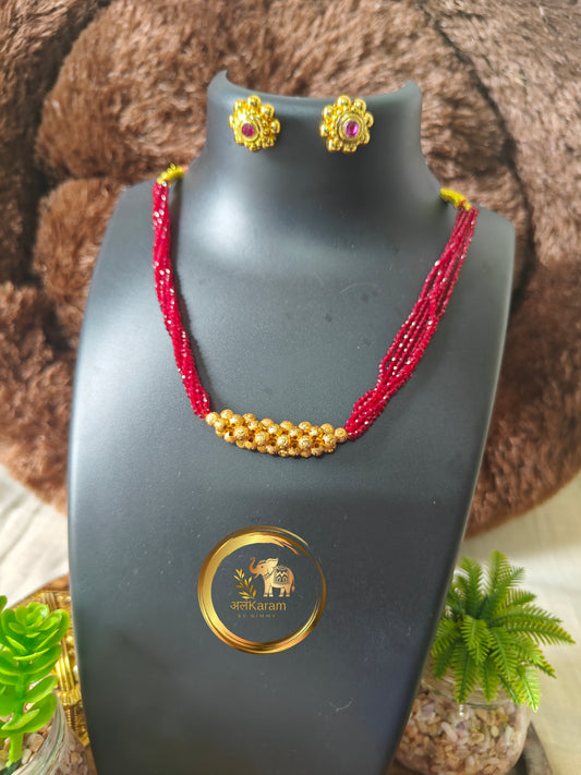 Traditional Tushi Necklace Set with Red Hydro Beads & Gold-Toned Accents RTU04